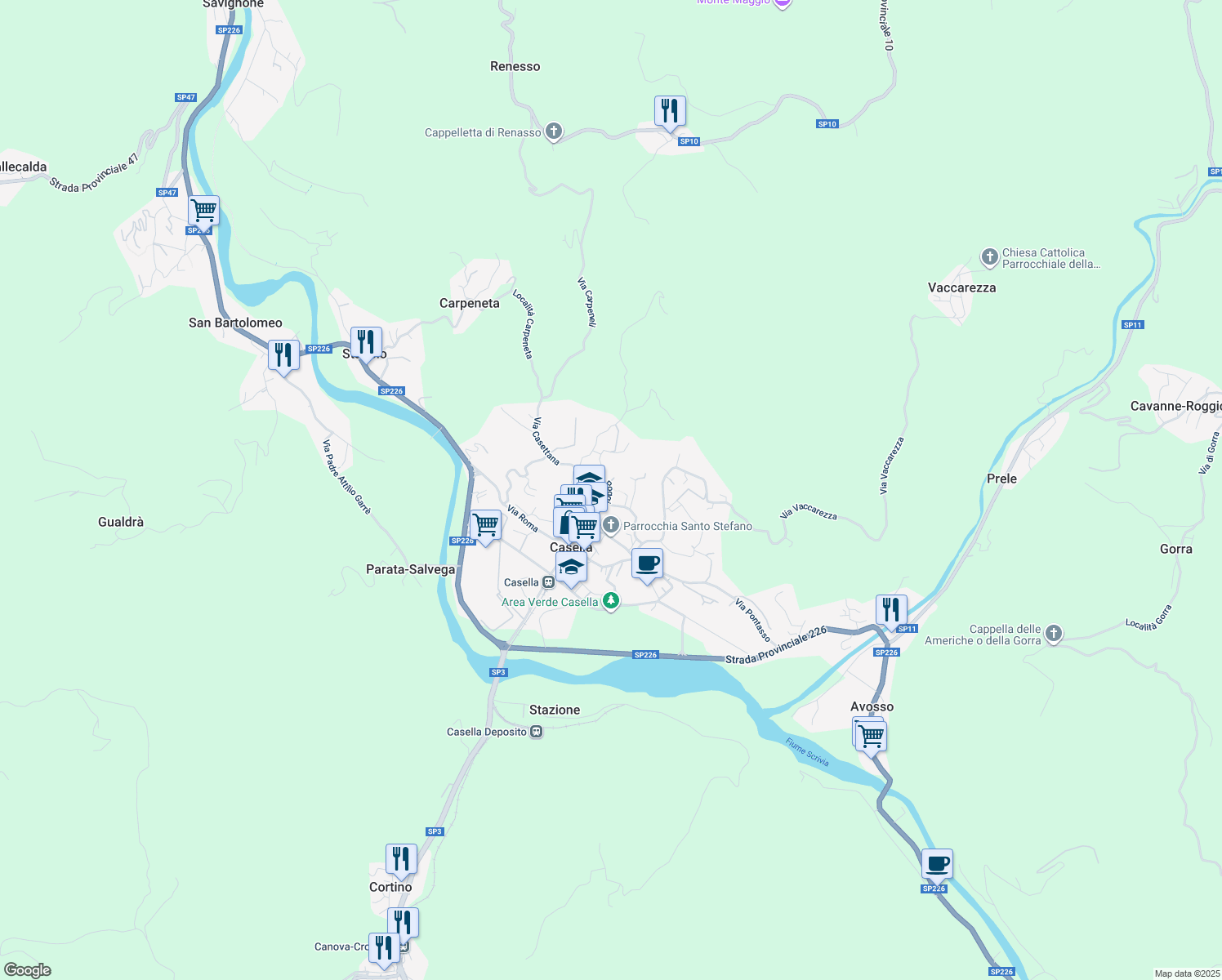 map of restaurants, bars, coffee shops, grocery stores, and more near 21 Via Poggio in Casella