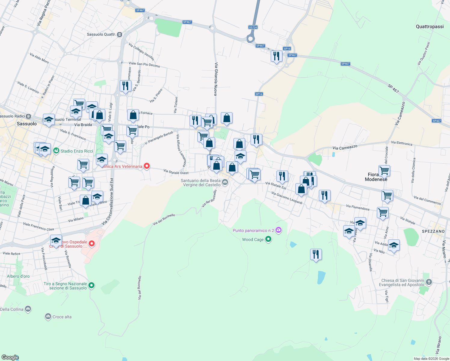 map of restaurants, bars, coffee shops, grocery stores, and more near 6B Via del Santuario in Fiorano Modenese