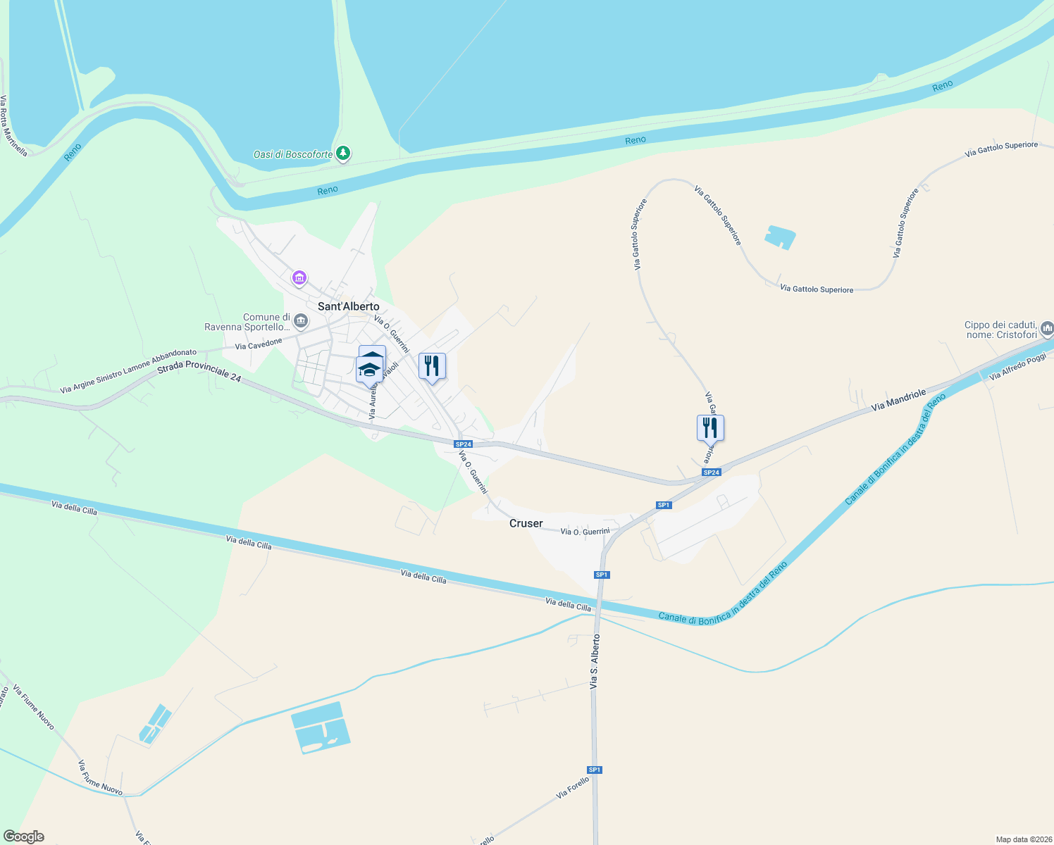 map of restaurants, bars, coffee shops, grocery stores, and more near 15 Via Madonna in Sant'Alberto