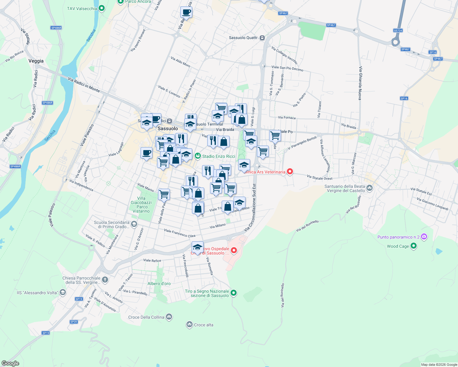 map of restaurants, bars, coffee shops, grocery stores, and more near 22 Viale Manfredo Fanti in Sassuolo