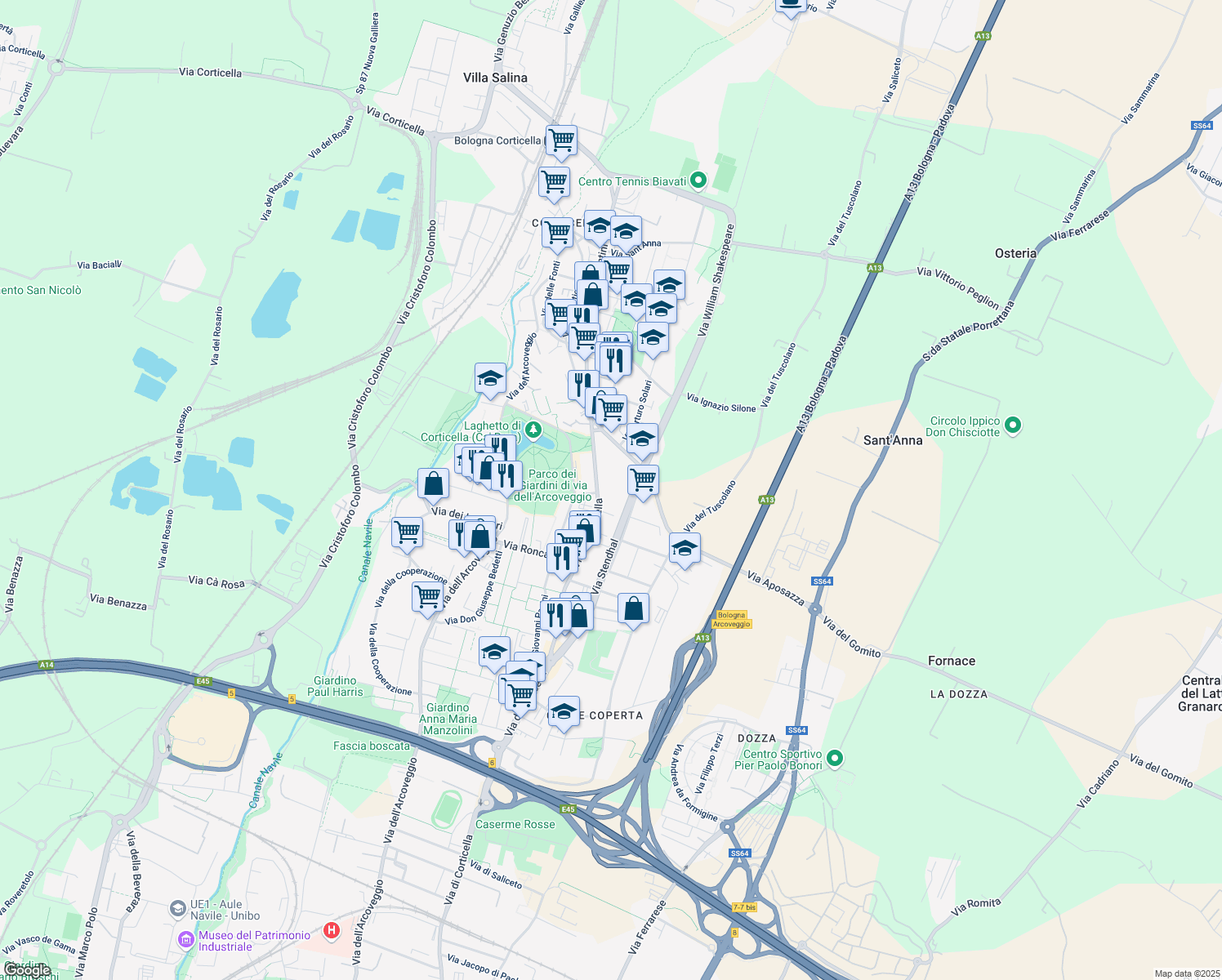 map of restaurants, bars, coffee shops, grocery stores, and more near in Bologna