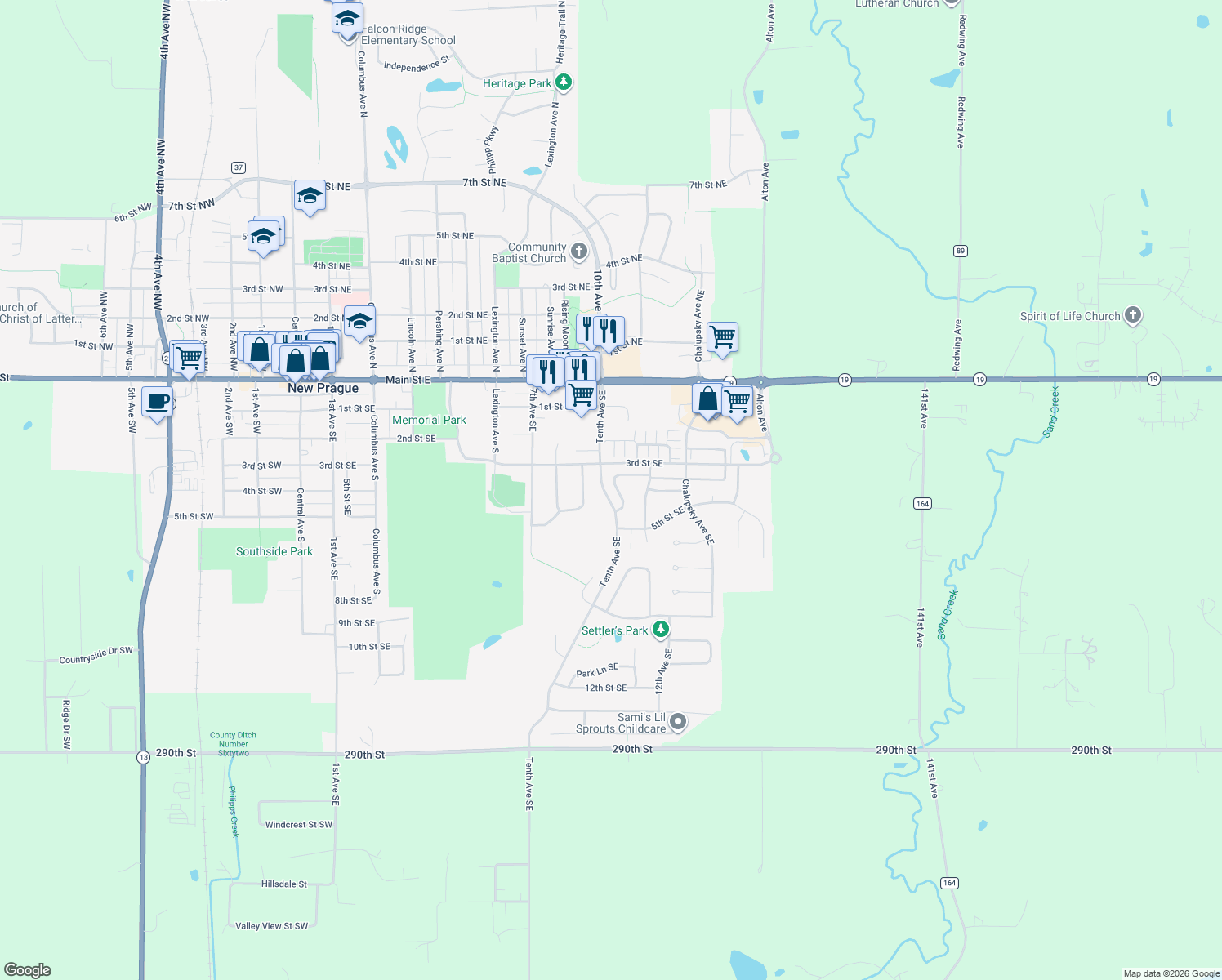map of restaurants, bars, coffee shops, grocery stores, and more near 1107 Village Street in New Prague