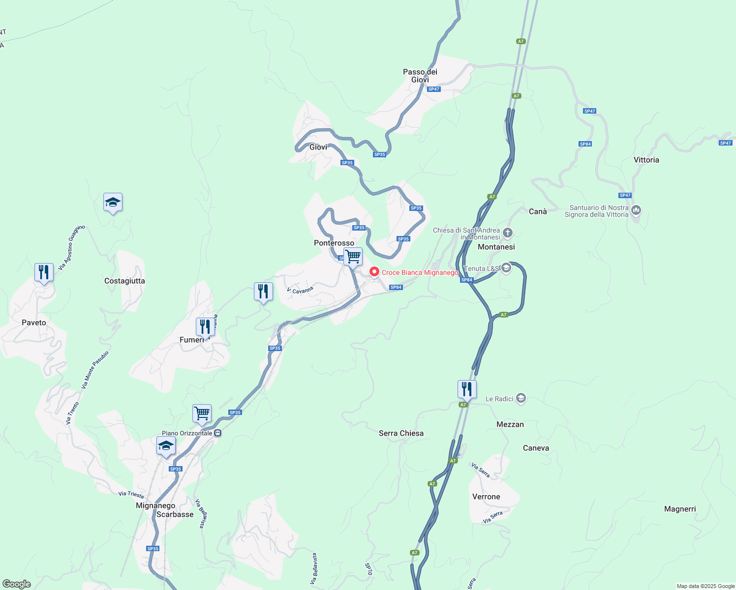 map of restaurants, bars, coffee shops, grocery stores, and more near 38 Via Borasina in Città Metropolitana di Genova