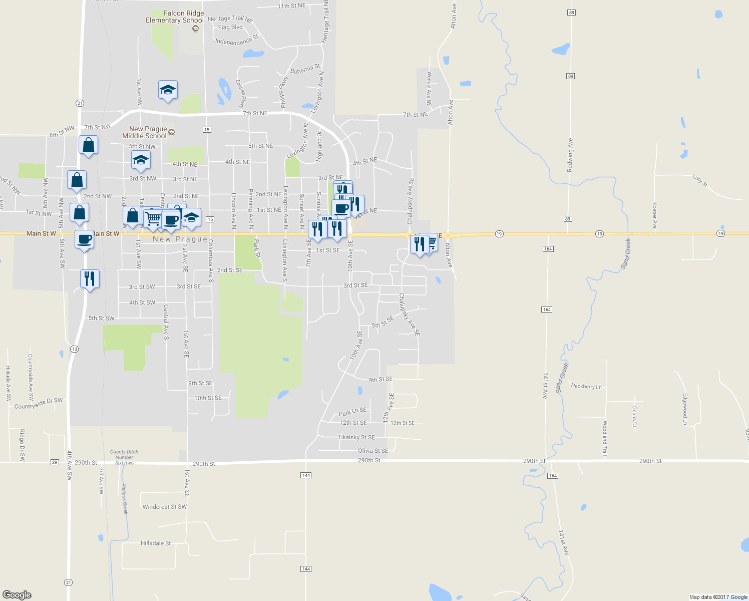 map of restaurants, bars, coffee shops, grocery stores, and more near 500 Doherty Avenue Southeast in New Prague