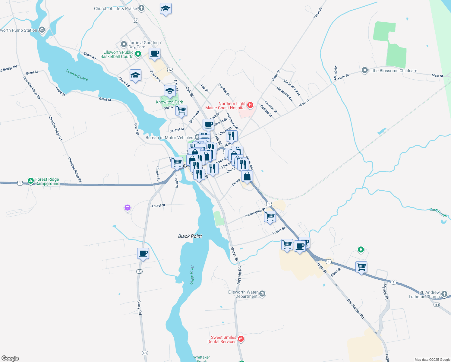 map of restaurants, bars, coffee shops, grocery stores, and more near 21 Elm St in Ellsworth