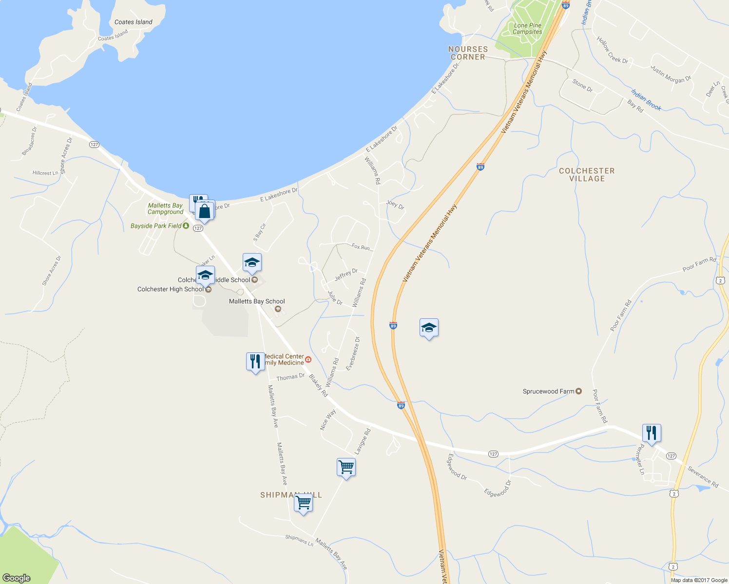 map of restaurants, bars, coffee shops, grocery stores, and more near 476 Williams Road in Colchester