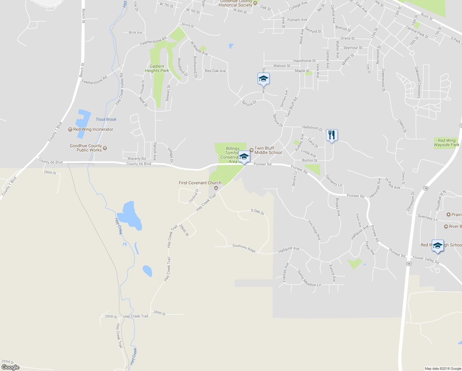 map of restaurants, bars, coffee shops, grocery stores, and more near 2271 Twin Bluff Road in Red Wing