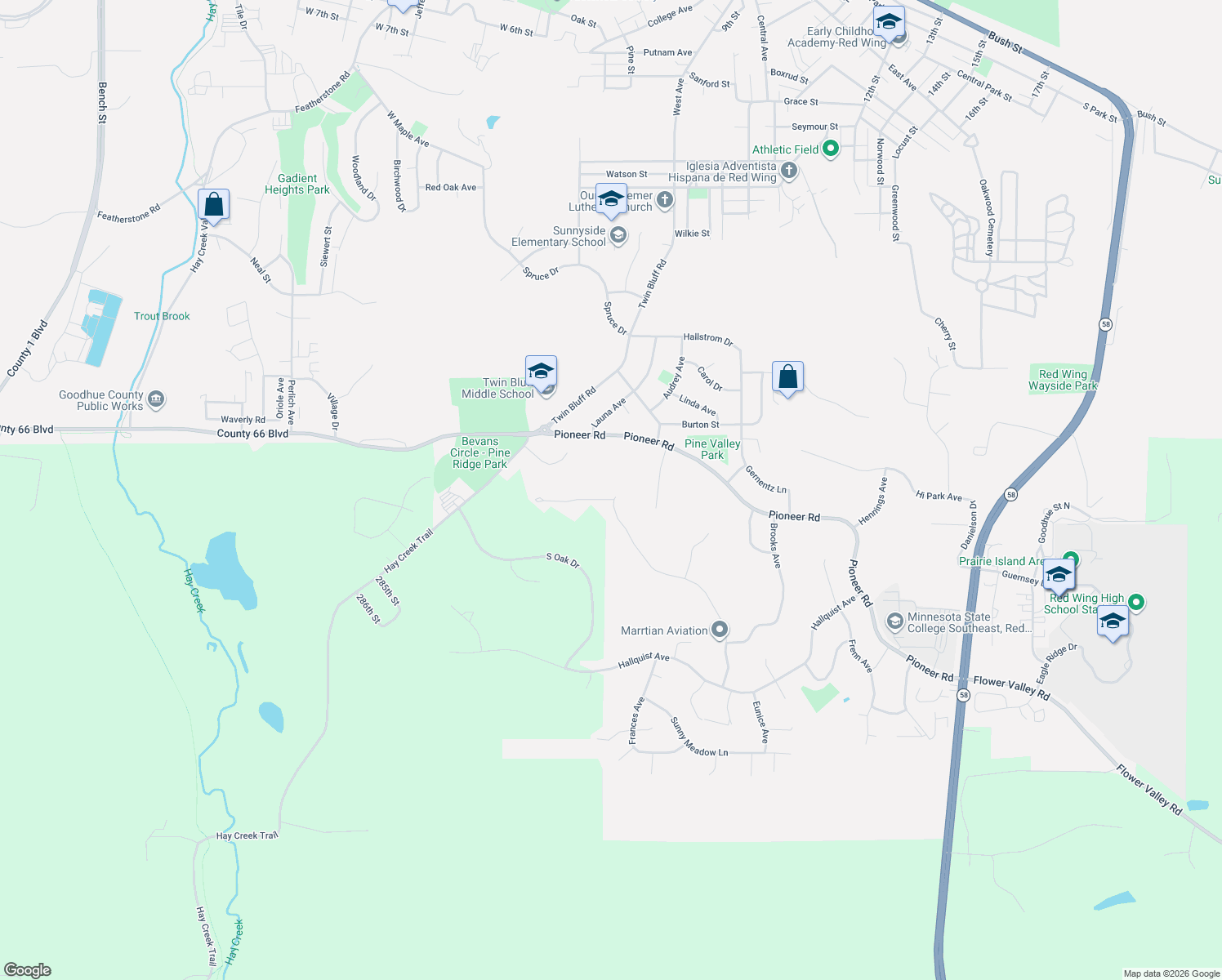 map of restaurants, bars, coffee shops, grocery stores, and more near 2840 Pine Ridge Boulevard in Red Wing