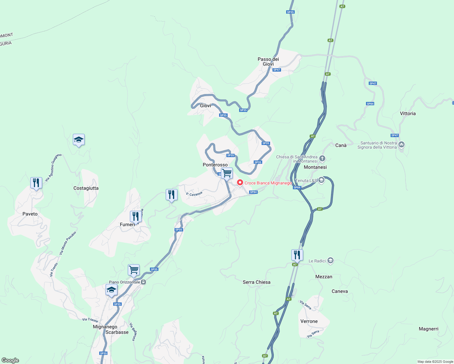 map of restaurants, bars, coffee shops, grocery stores, and more near 36 Via Croce Bianca in Ponterosso