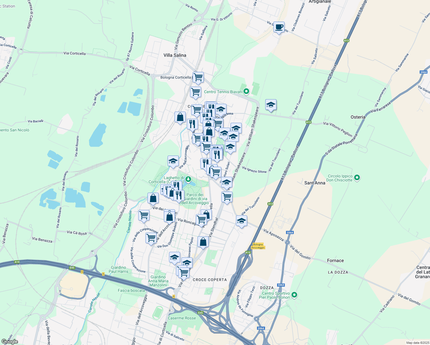map of restaurants, bars, coffee shops, grocery stores, and more near 6 Via Raffaele Pettazzoni in Bologna