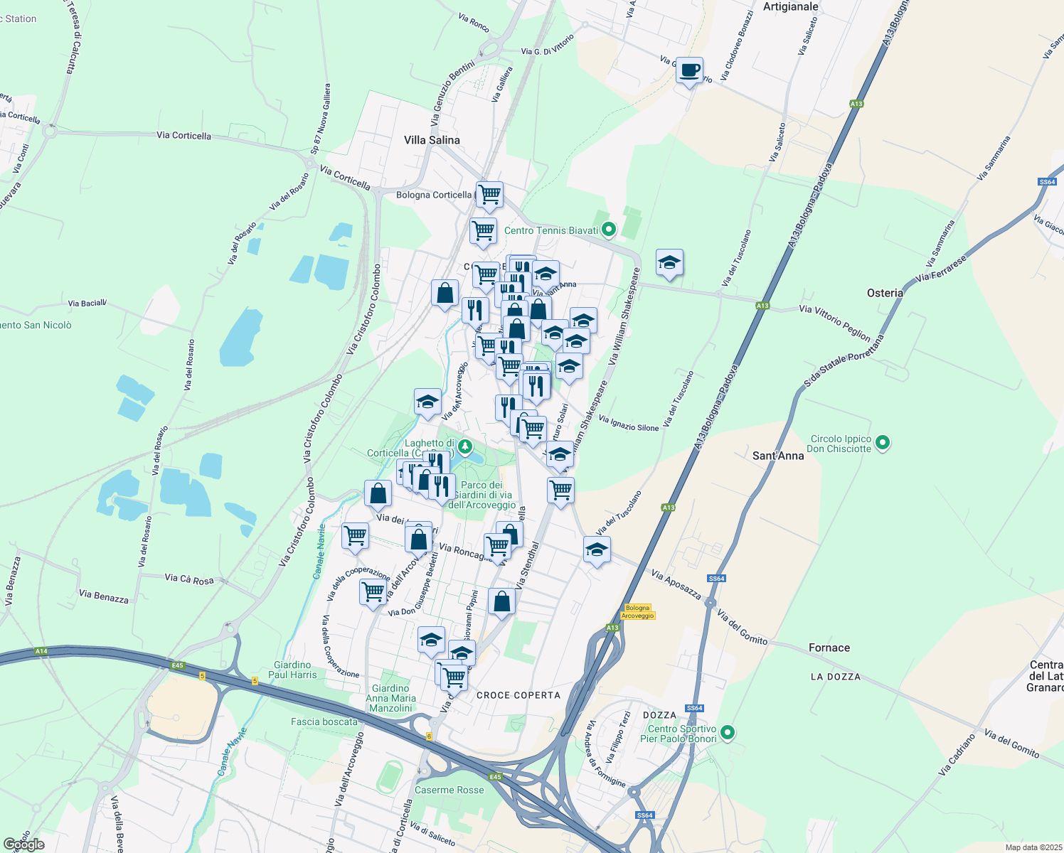 map of restaurants, bars, coffee shops, grocery stores, and more near 2-6 Via Raffaele Pettazzoni in Bologna