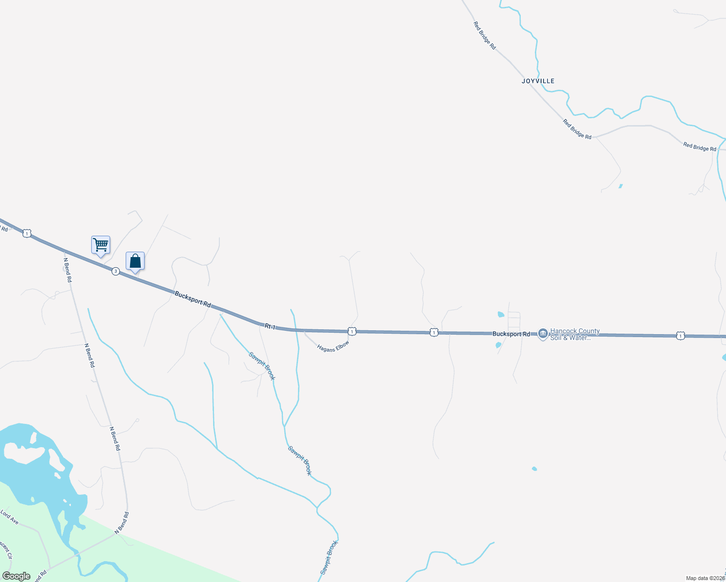 map of restaurants, bars, coffee shops, grocery stores, and more near 39 Woodland Road in Ellsworth