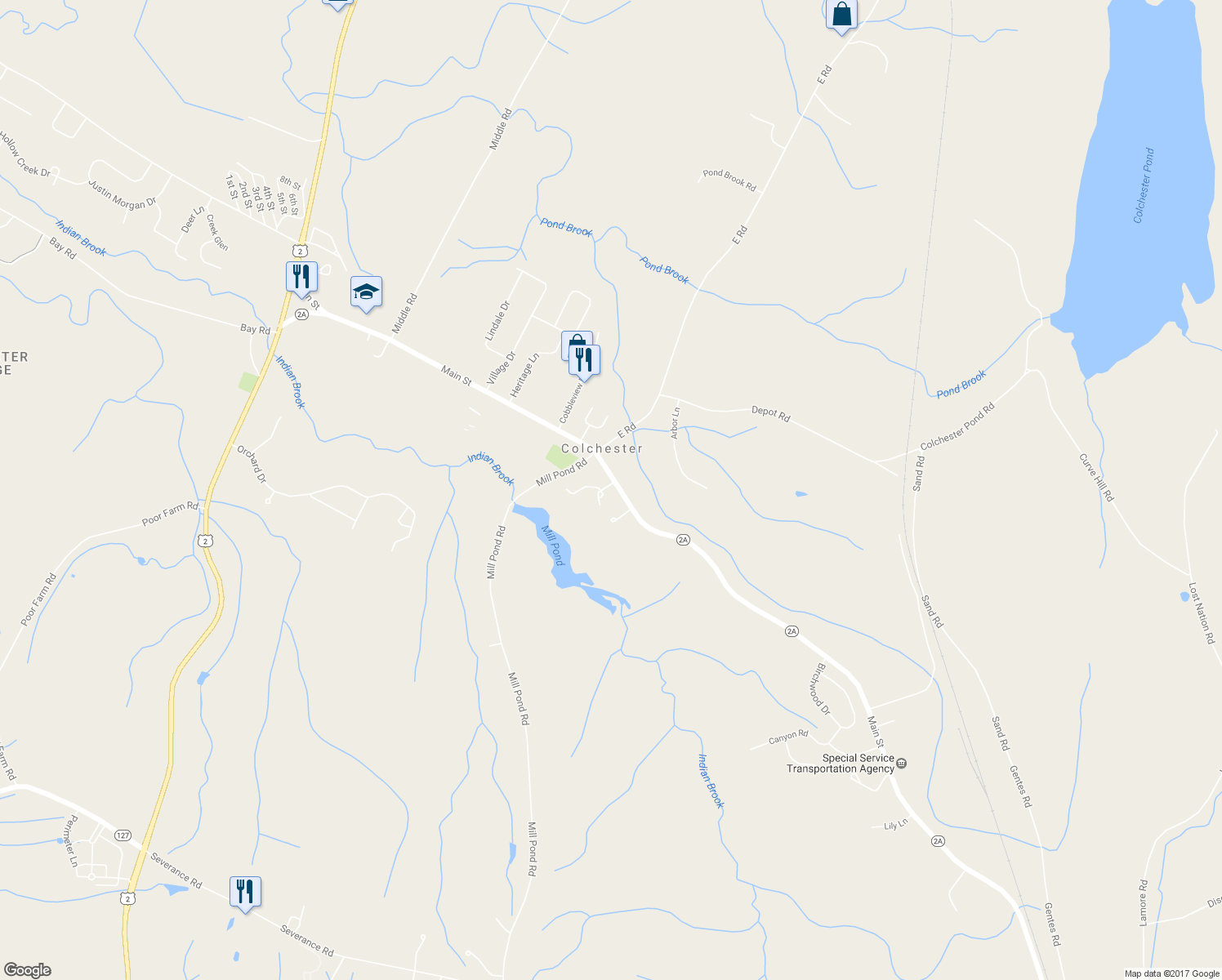 map of restaurants, bars, coffee shops, grocery stores, and more near 1050 Main Street in Colchester