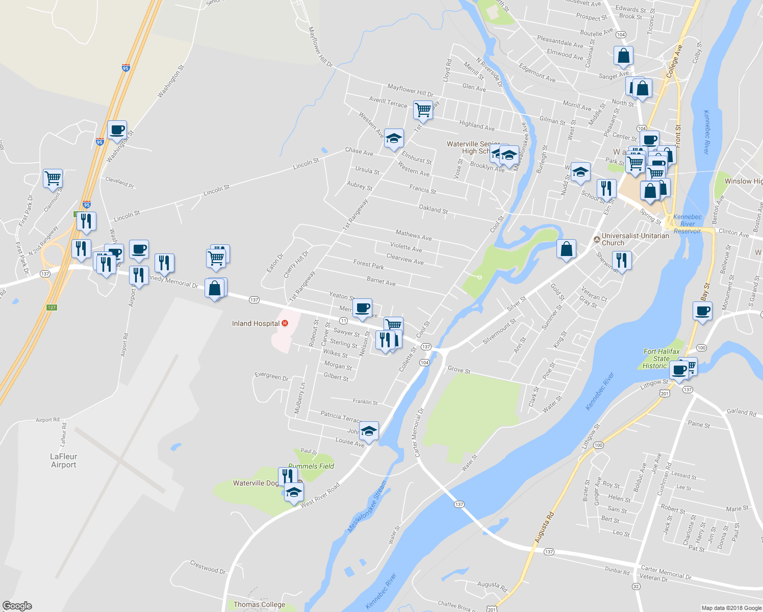 map of restaurants, bars, coffee shops, grocery stores, and more near 2 Lowell Street in Waterville