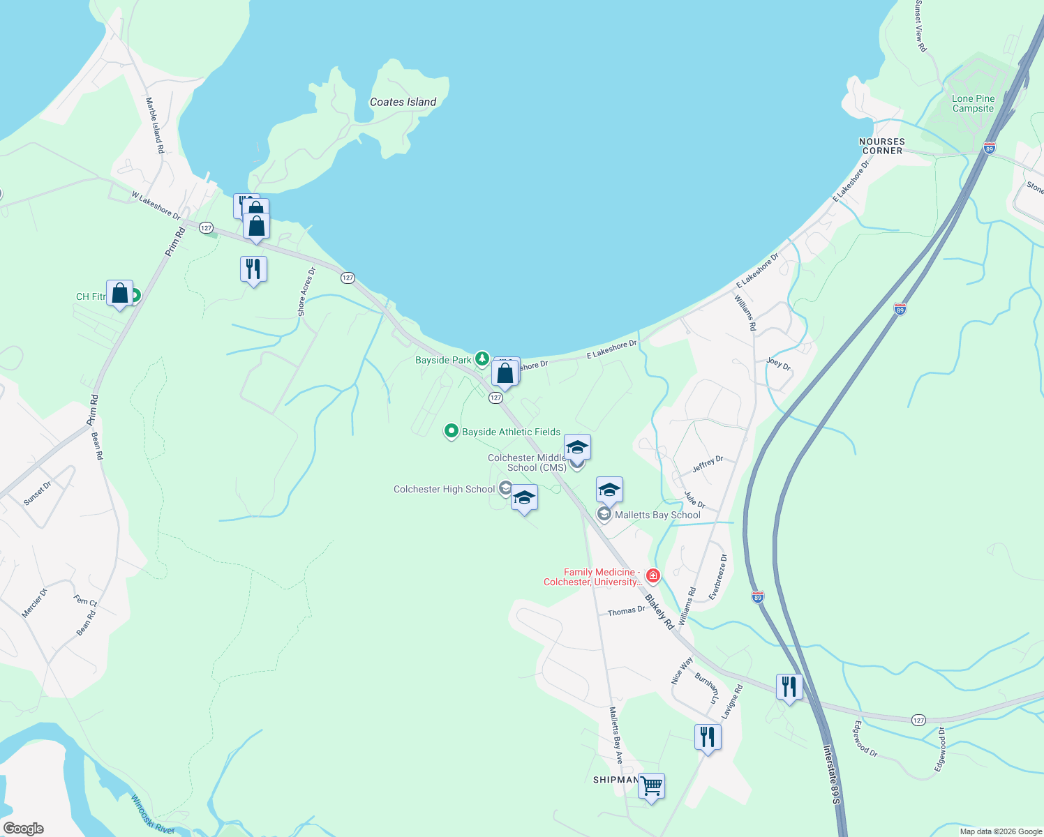 map of restaurants, bars, coffee shops, grocery stores, and more near 205 Blakely Road in Colchester