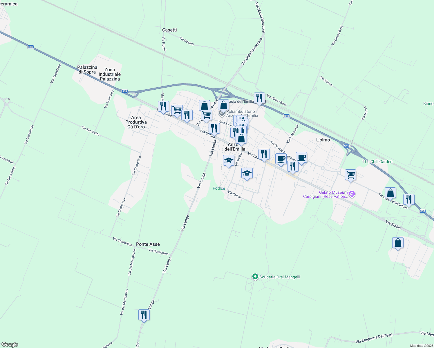 map of restaurants, bars, coffee shops, grocery stores, and more near 10 Via Lunga in Anzola dell'Emilia