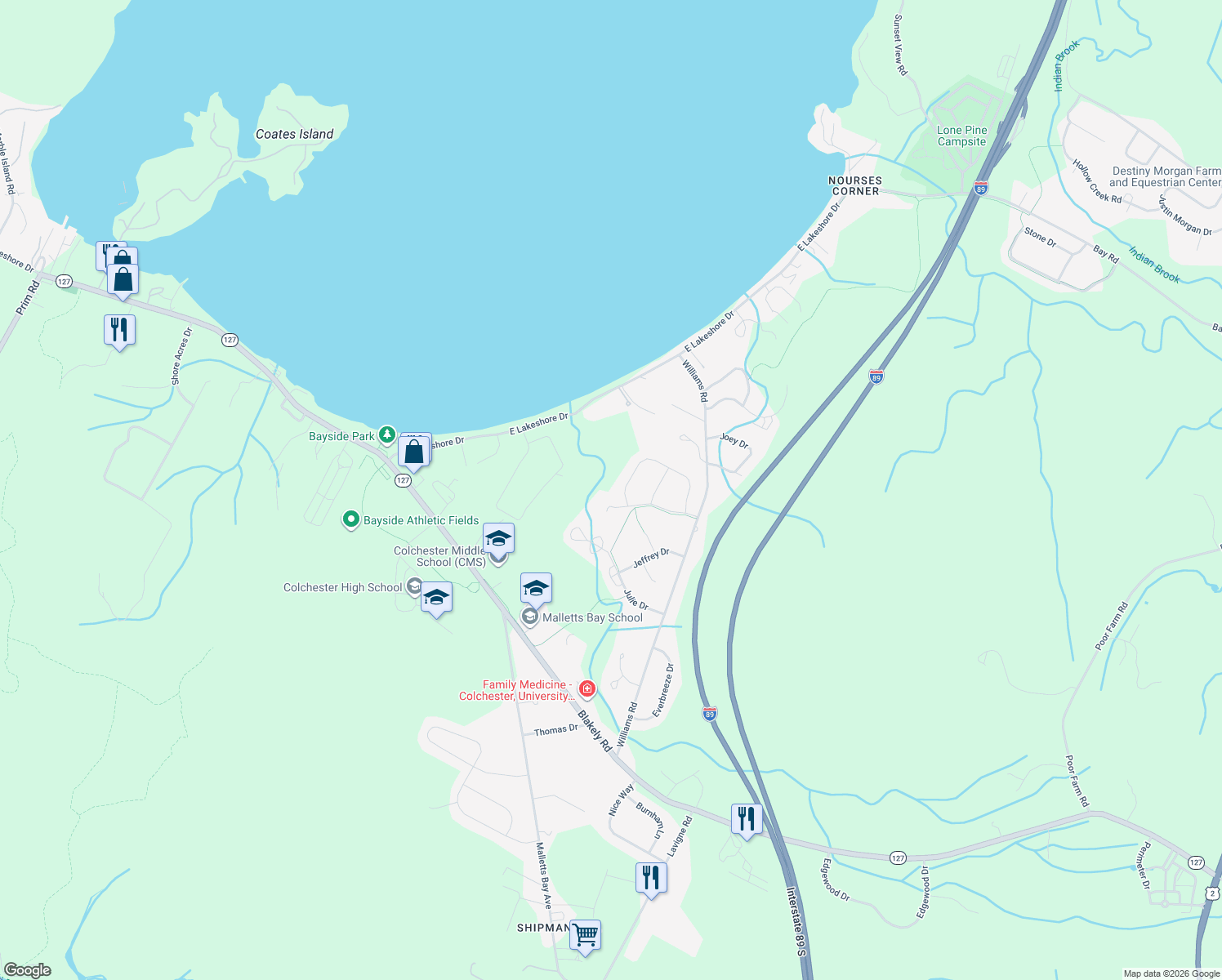 map of restaurants, bars, coffee shops, grocery stores, and more near 240 Fox Run in Colchester