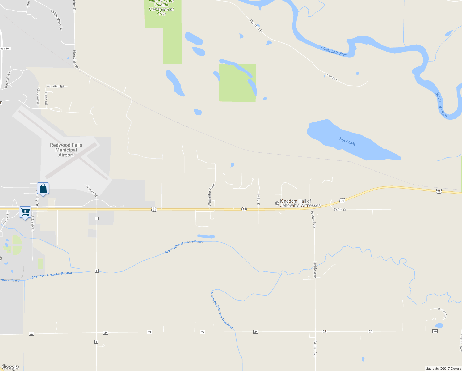 map of restaurants, bars, coffee shops, grocery stores, and more near 34338 Wacouta Trail in Redwood Falls