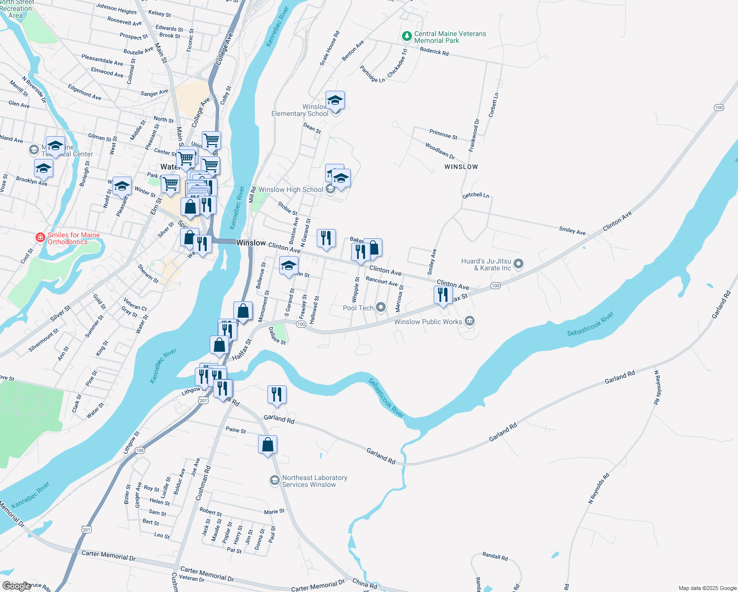 map of restaurants, bars, coffee shops, grocery stores, and more near 10 Poulin Street in Winslow
