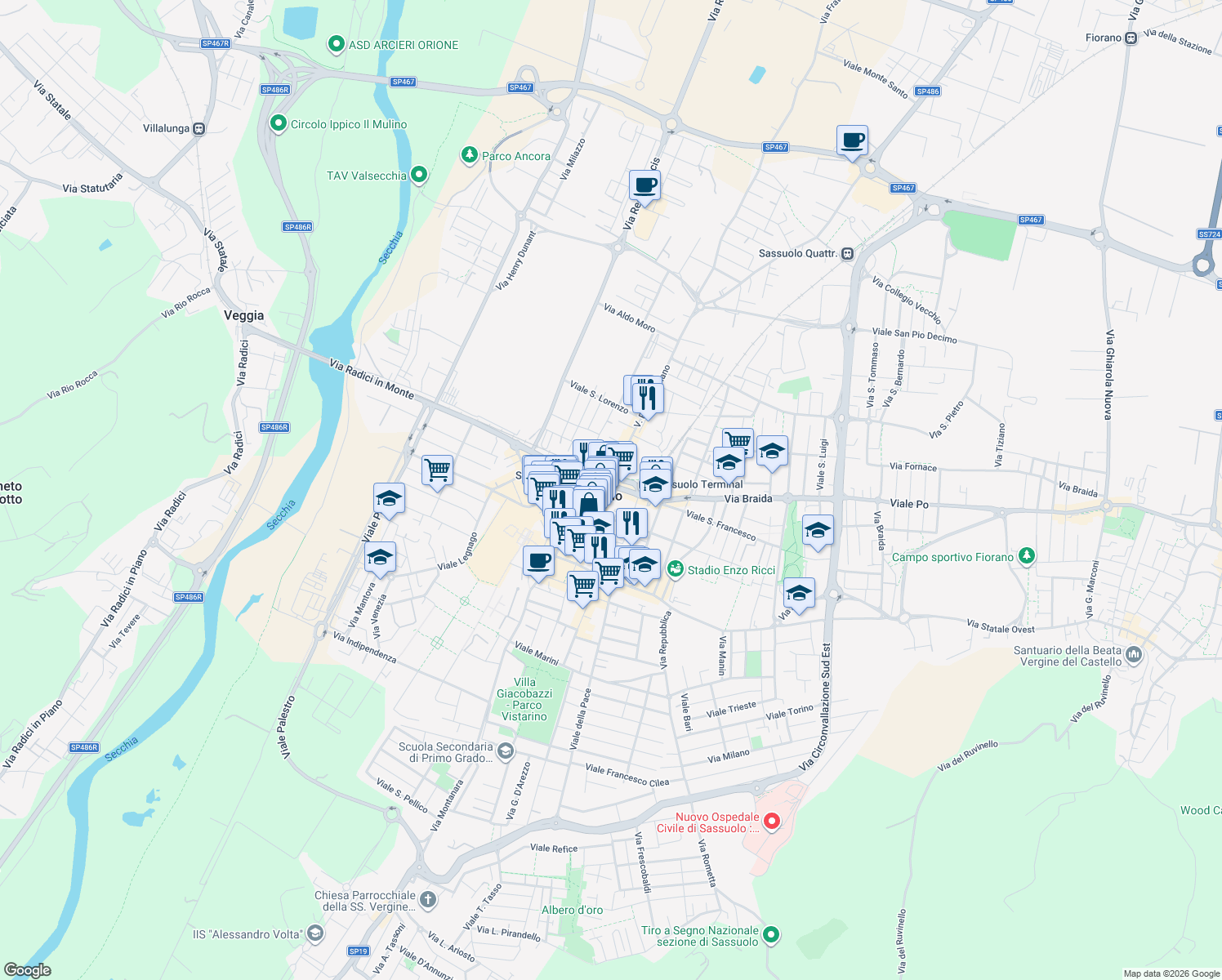 map of restaurants, bars, coffee shops, grocery stores, and more near in Sassuolo