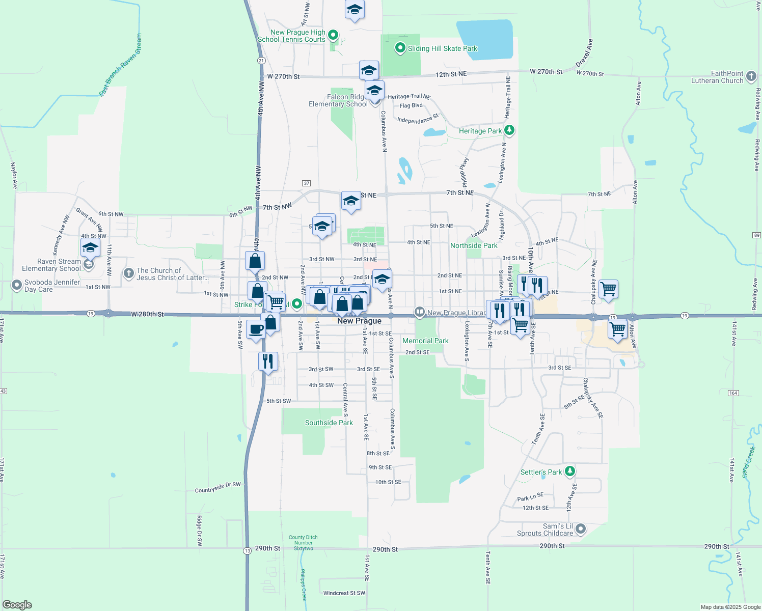 map of restaurants, bars, coffee shops, grocery stores, and more near 215 Main Street East in New Prague