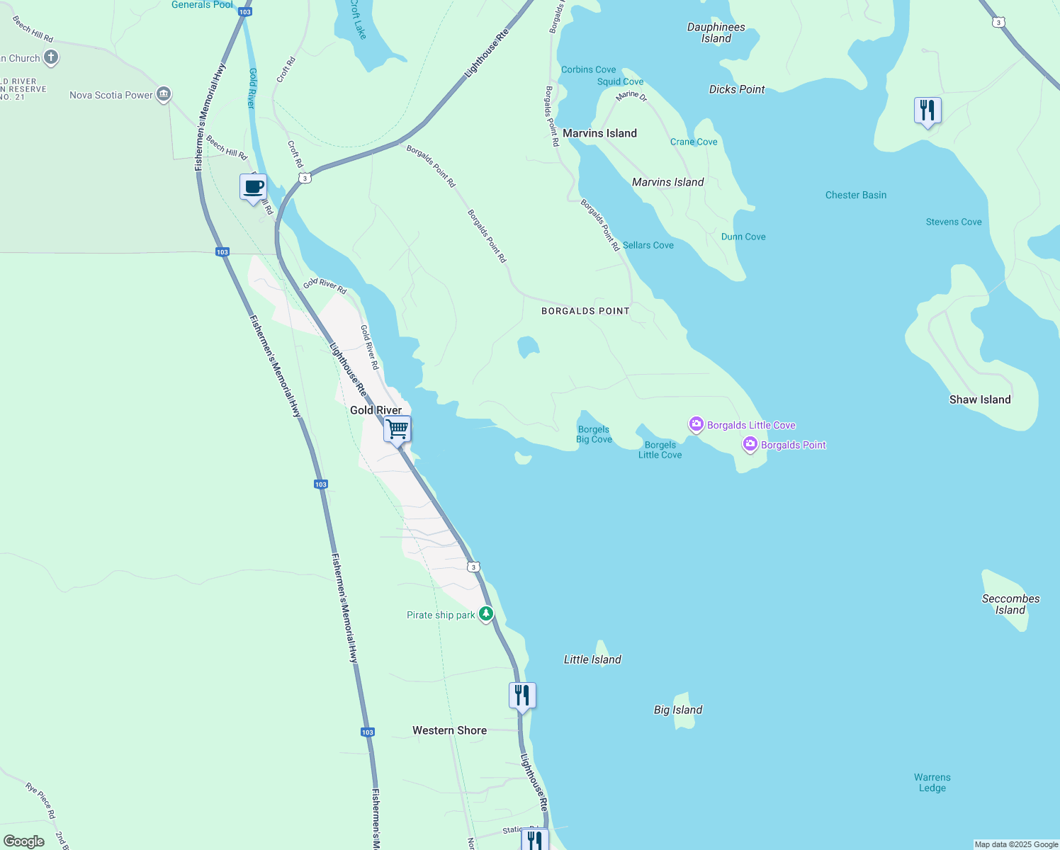 map of restaurants, bars, coffee shops, grocery stores, and more near 155 Borgels Shore Drive in Chester Basin