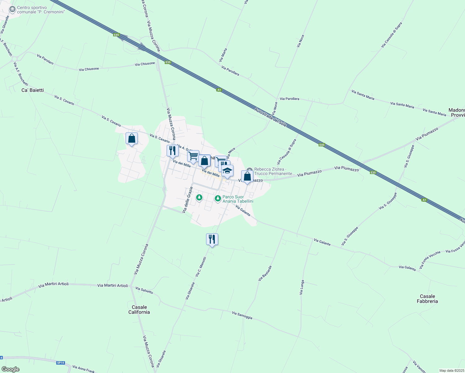 map of restaurants, bars, coffee shops, grocery stores, and more near 261 Via Piumazzo in Piumazzo