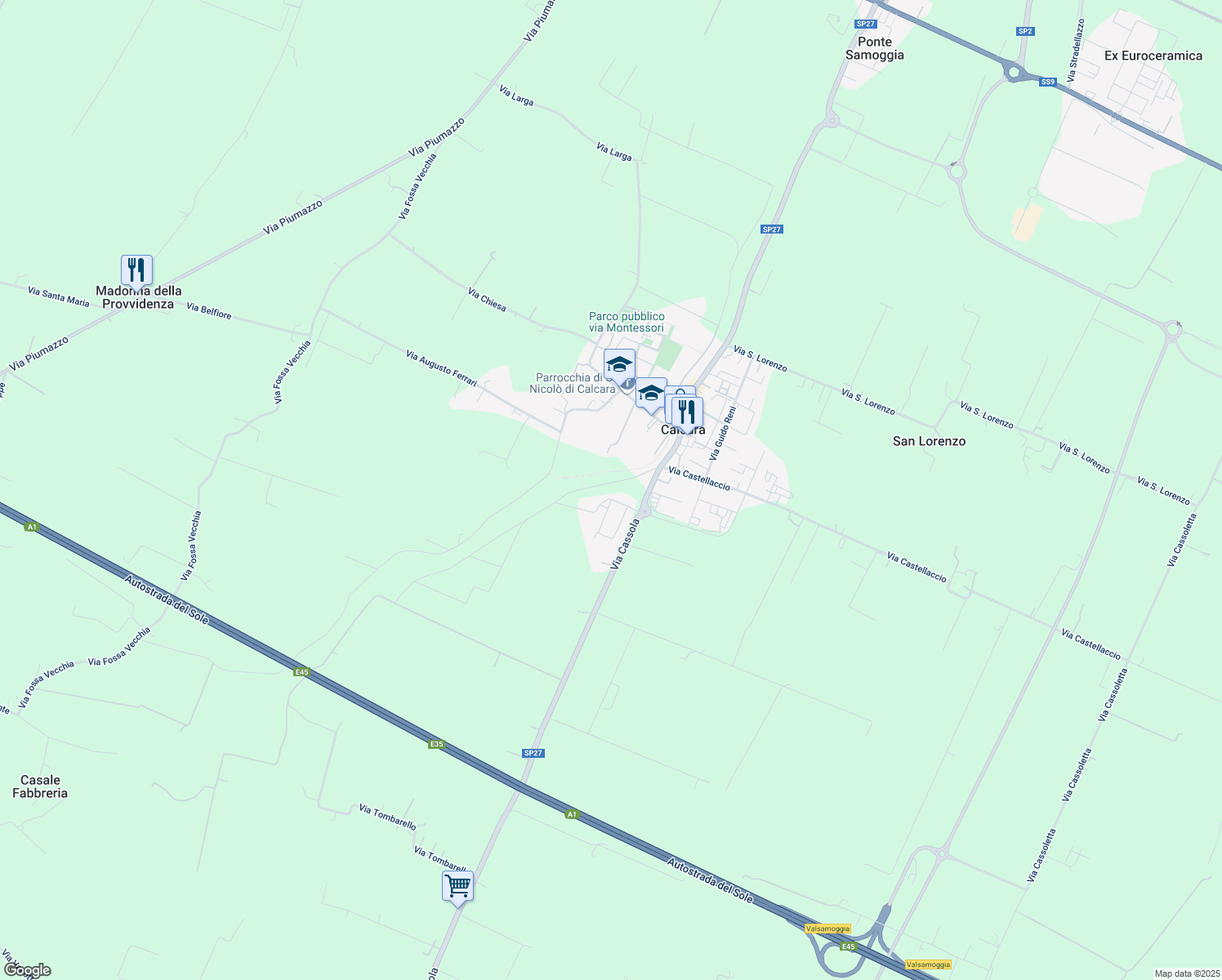 map of restaurants, bars, coffee shops, grocery stores, and more near 6 Via Mezzaluna in Calcara