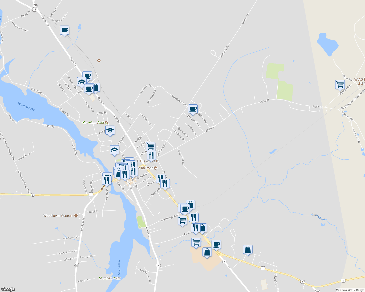 map of restaurants, bars, coffee shops, grocery stores, and more near 317 Main Street in Ellsworth