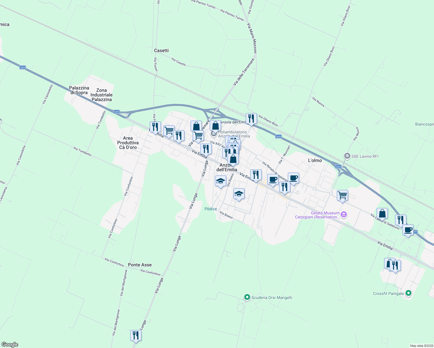 map of restaurants, bars, coffee shops, grocery stores, and more near 1840 Via San Pertini in Anzola Dell'emilia