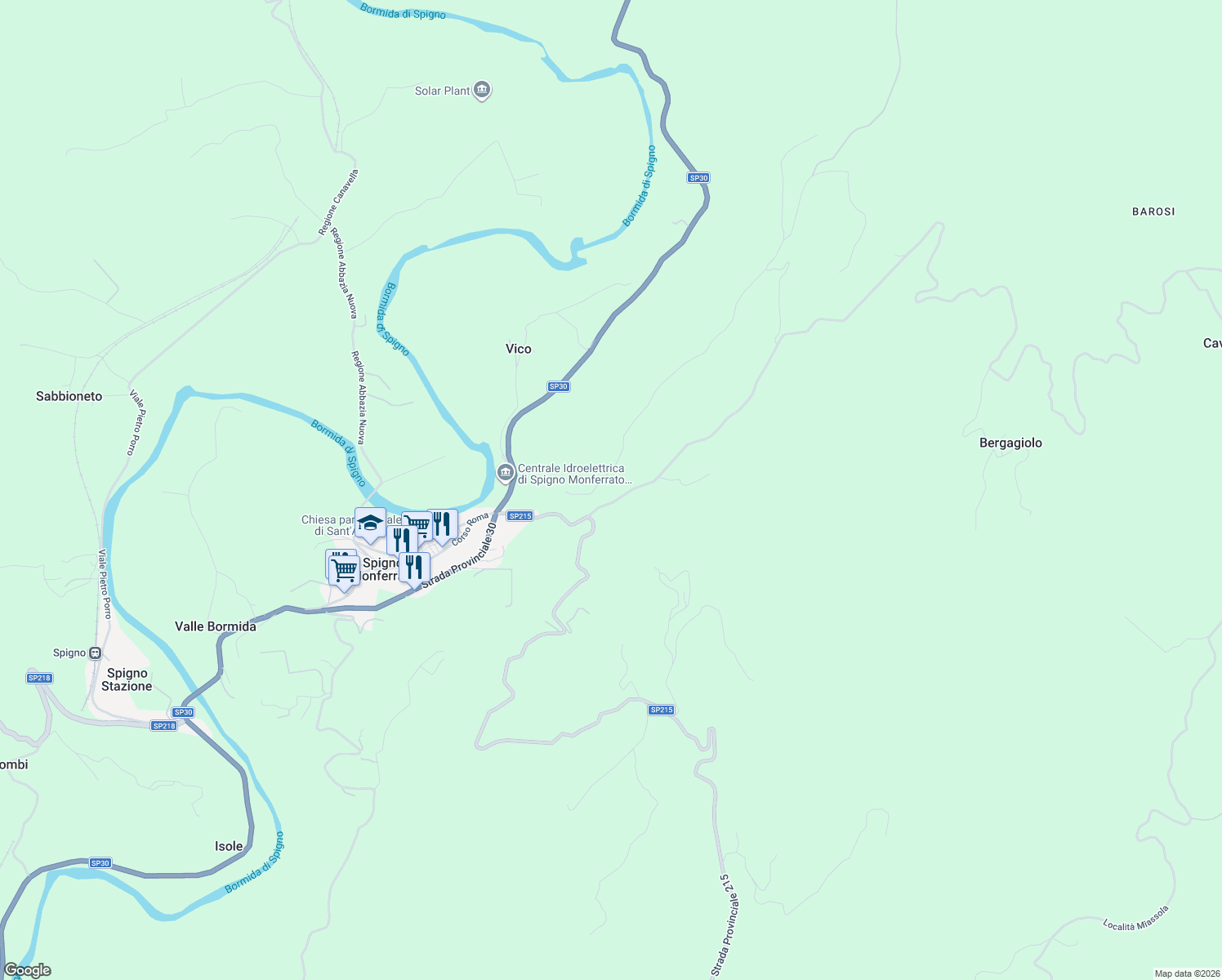map of restaurants, bars, coffee shops, grocery stores, and more near 1 SP215 in Spigno Monferrato