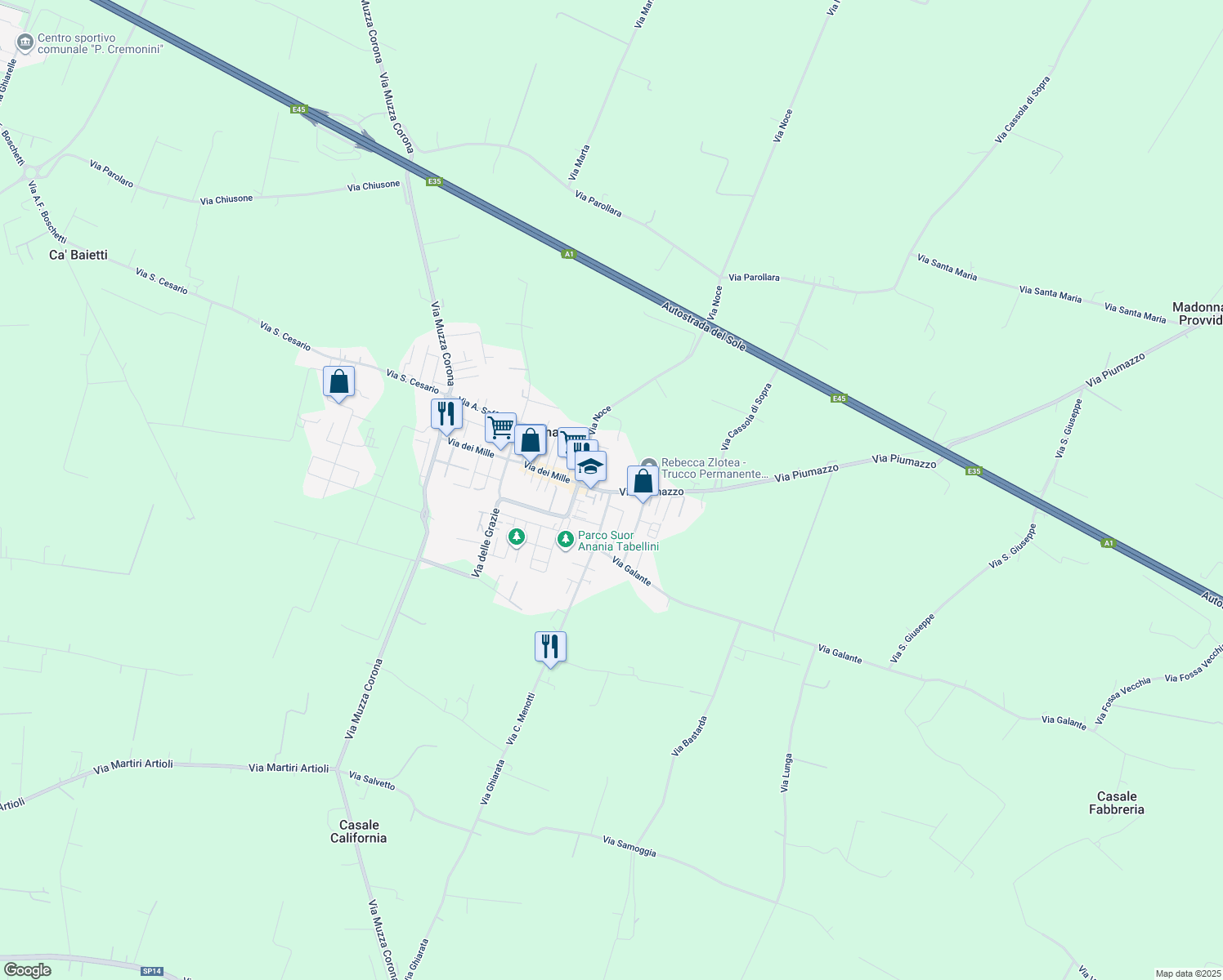 map of restaurants, bars, coffee shops, grocery stores, and more near 261 Via Piumazzo in Piumazzo
