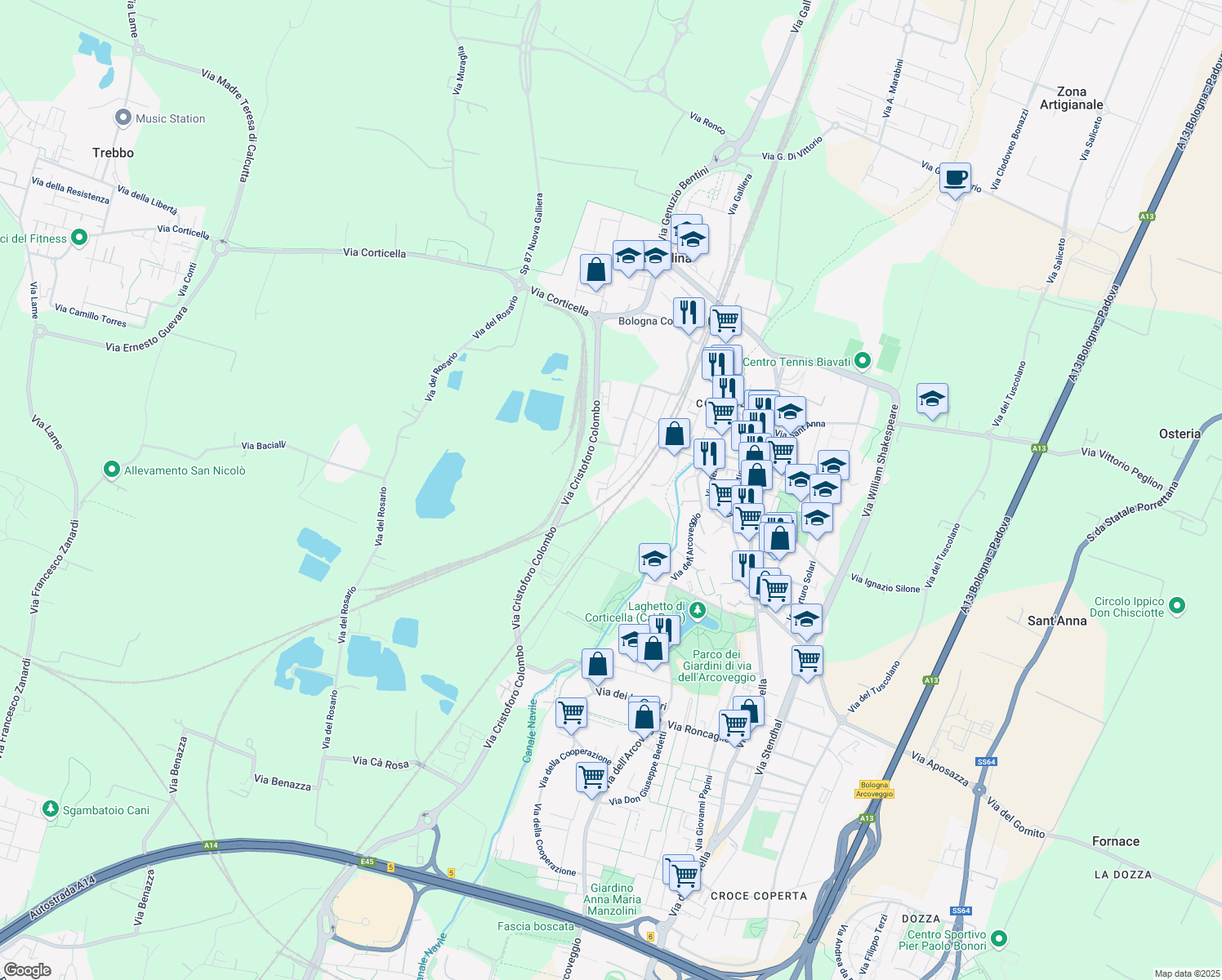 map of restaurants, bars, coffee shops, grocery stores, and more near 3 Via Amilcare Bortolotti in Bologna