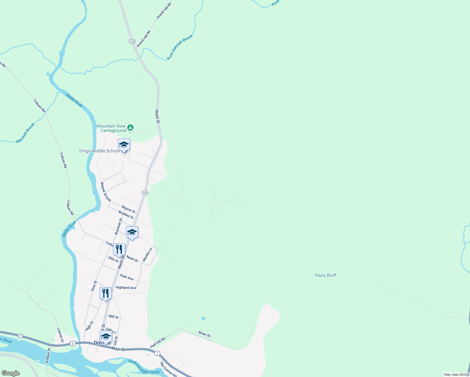 map of restaurants, bars, coffee shops, grocery stores, and more near 24 Red Ledge Road in Dixfield