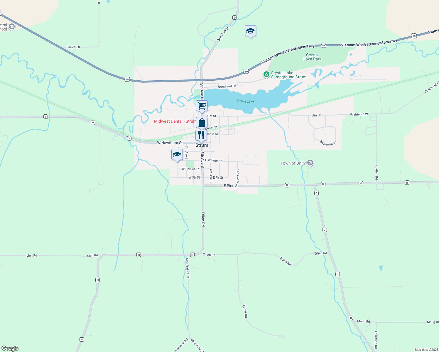 map of restaurants, bars, coffee shops, grocery stores, and more near 116 3rd Avenue South in Strum