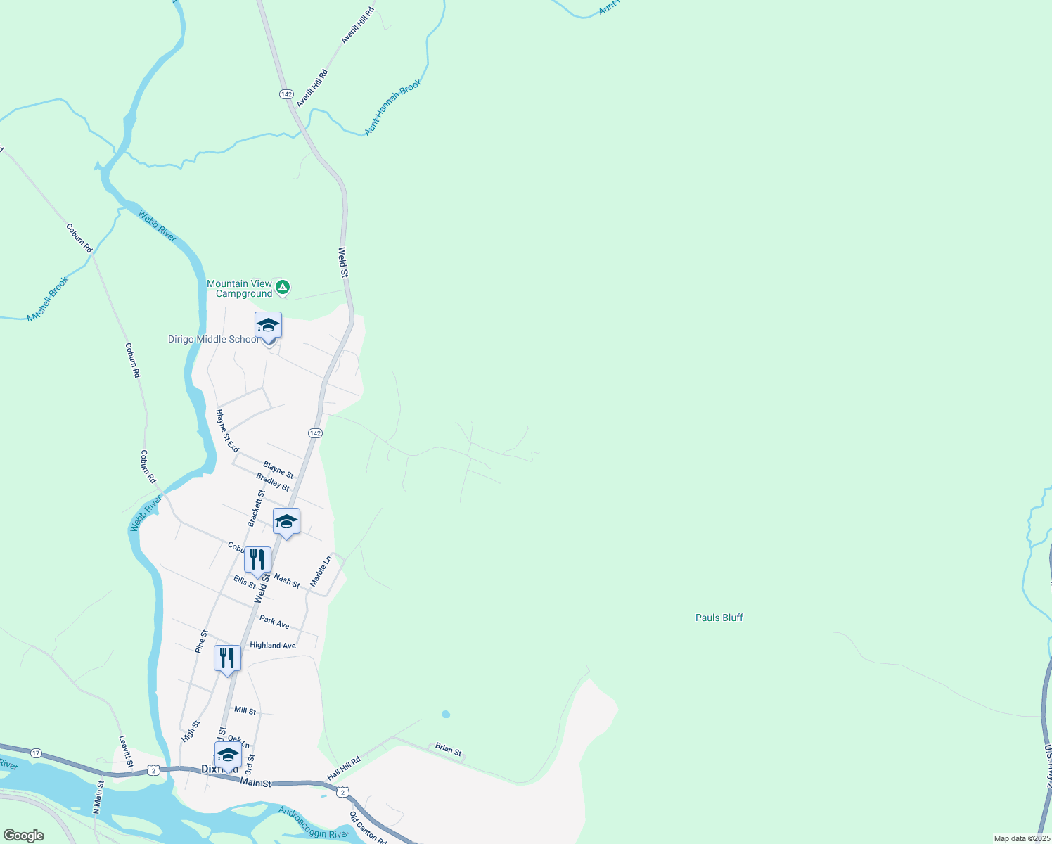 map of restaurants, bars, coffee shops, grocery stores, and more near 24 Red Ledge Road in Dixfield