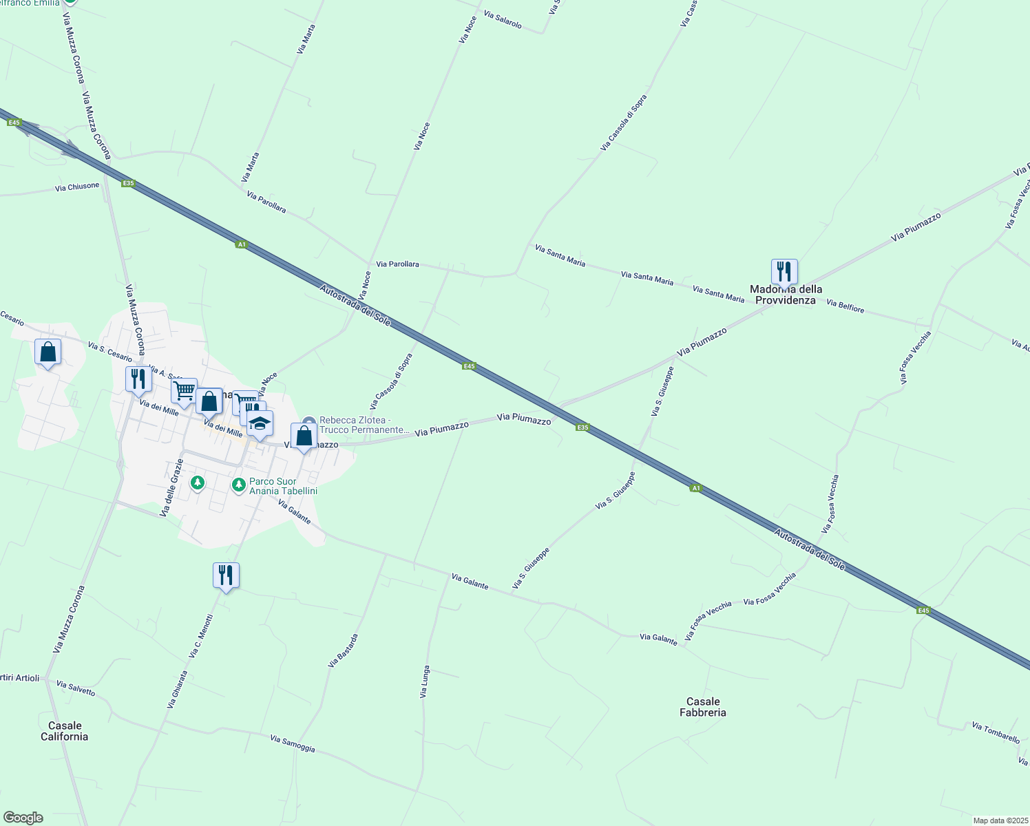 map of restaurants, bars, coffee shops, grocery stores, and more near 75 Via Piumazzo in Provincia di Modena