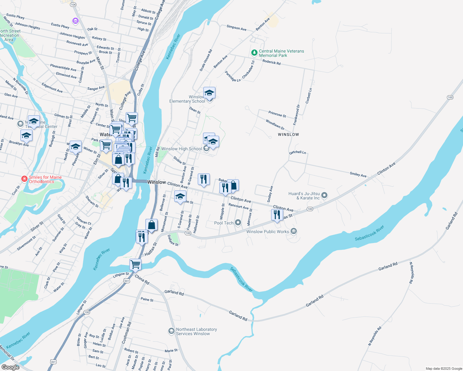 map of restaurants, bars, coffee shops, grocery stores, and more near 10 Chadwick Street in Winslow