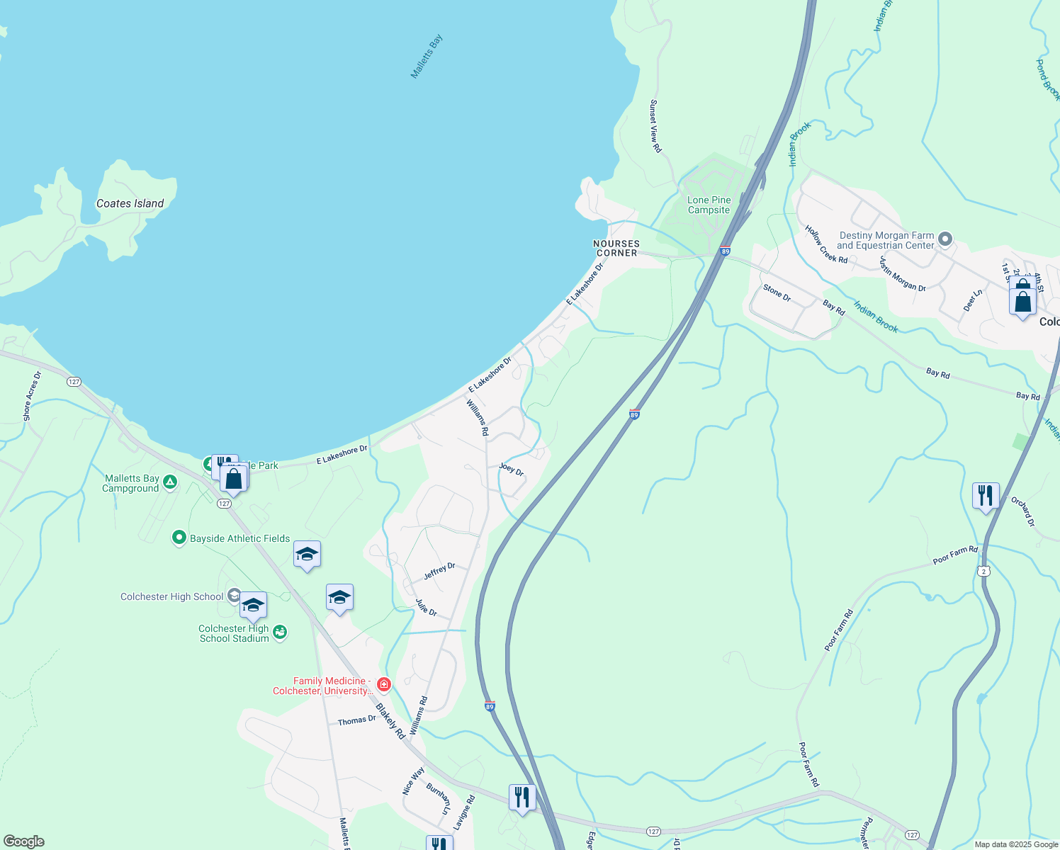 map of restaurants, bars, coffee shops, grocery stores, and more near 179 Bayview Rd in Colchester