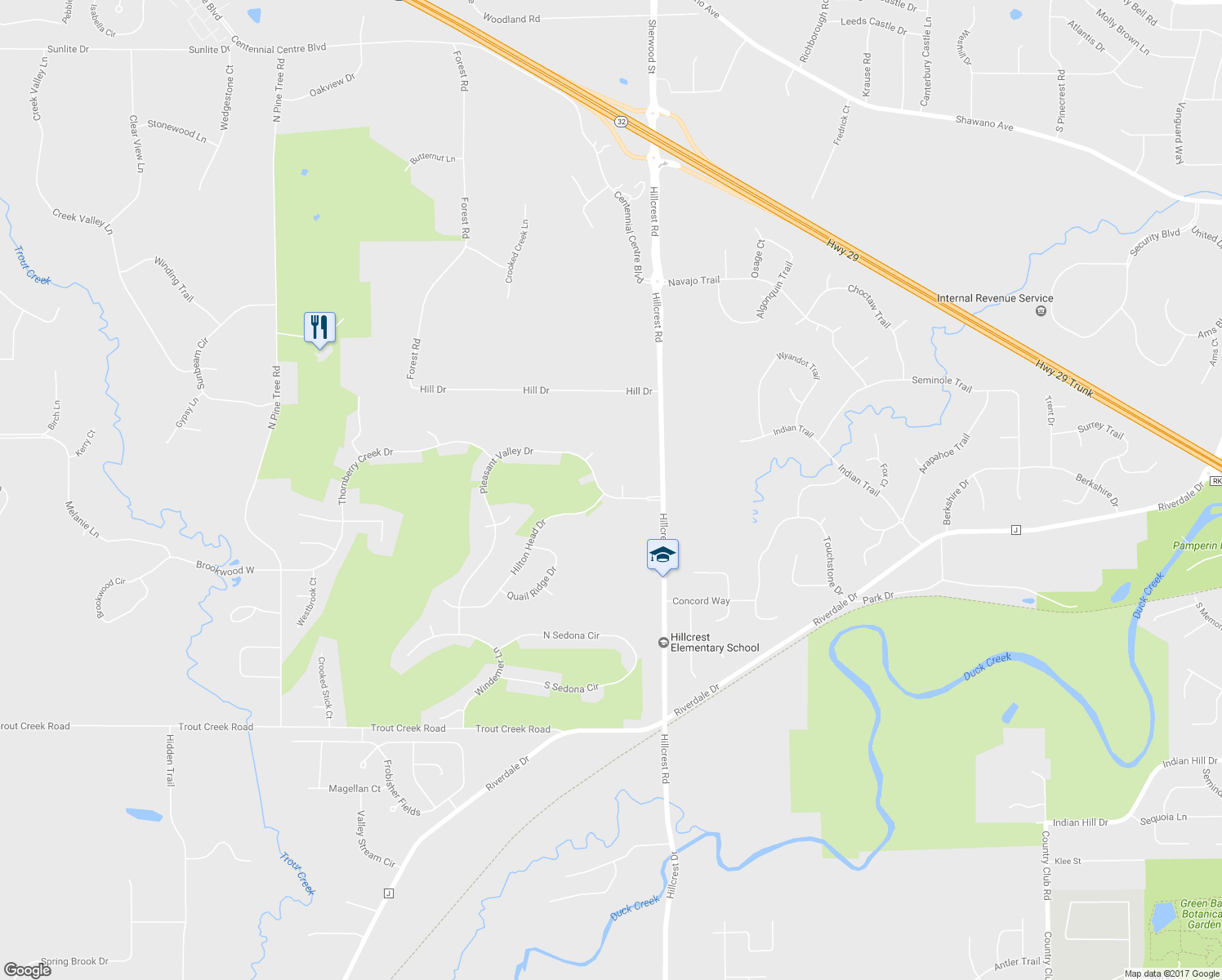 map of restaurants, bars, coffee shops, grocery stores, and more near 1258 Pleasant Valley Drive in Hobart