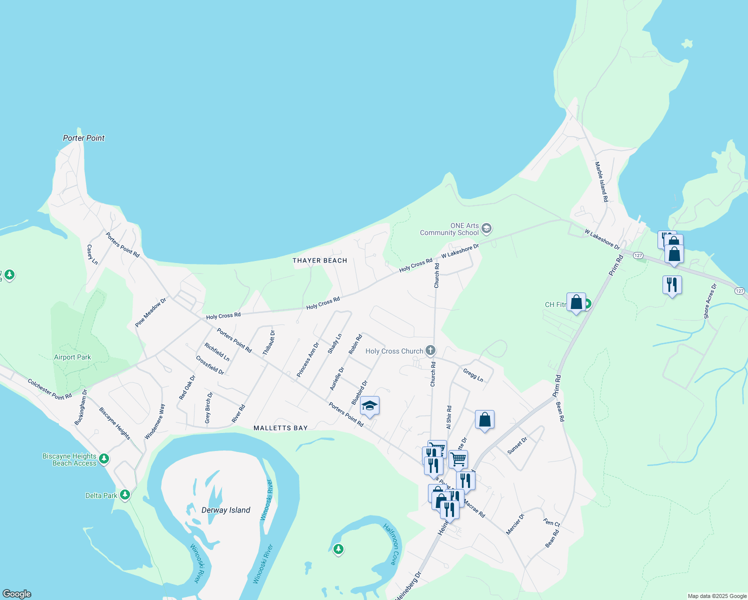 map of restaurants, bars, coffee shops, grocery stores, and more near 318 Belair Dr in Colchester