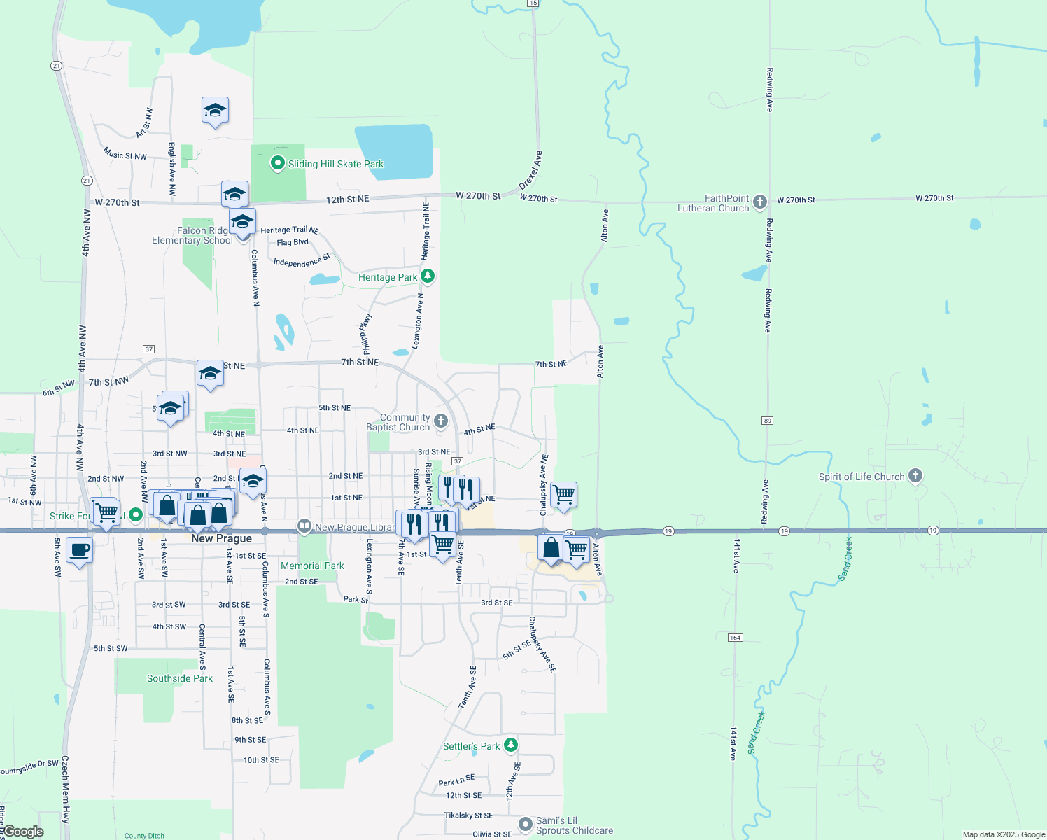 map of restaurants, bars, coffee shops, grocery stores, and more near 503 Cottonwood Lane in New Prague