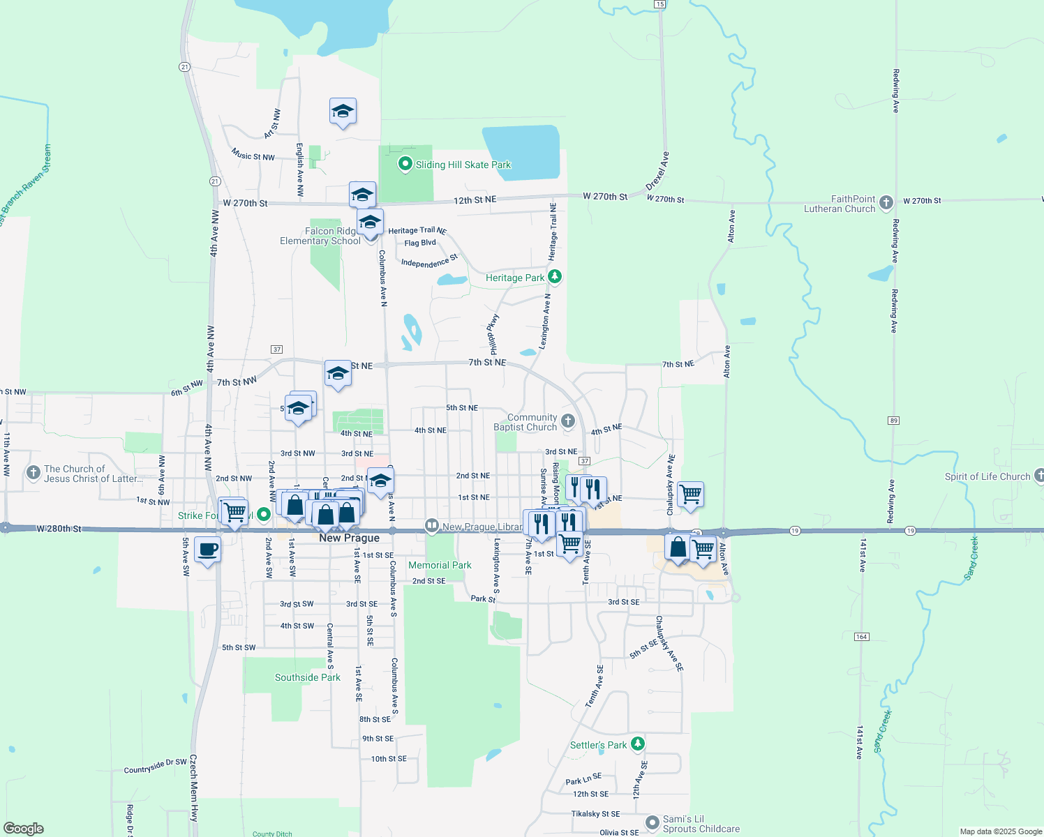 map of restaurants, bars, coffee shops, grocery stores, and more near 603 Lexington Avenue North in New Prague