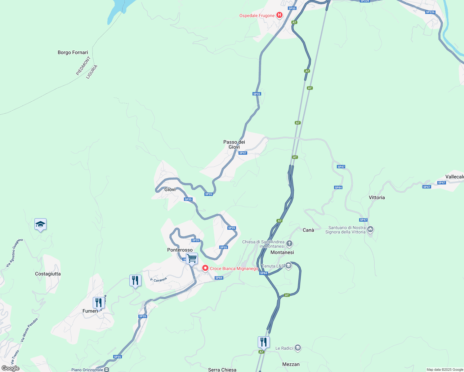 map of restaurants, bars, coffee shops, grocery stores, and more near 28 Via XXV Aprile in Passo dei Giovi