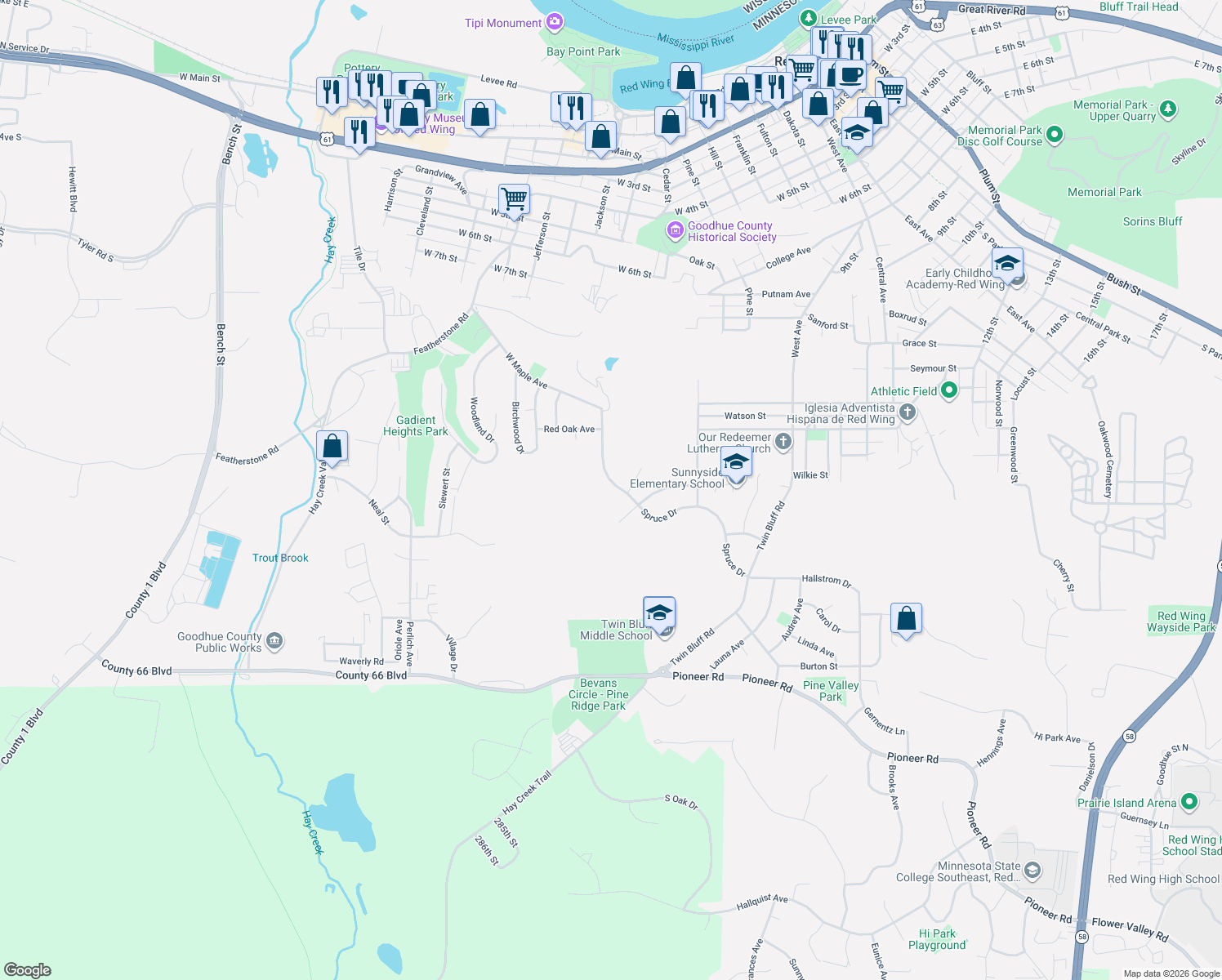 map of restaurants, bars, coffee shops, grocery stores, and more near 1672 Spruce Drive in Red Wing