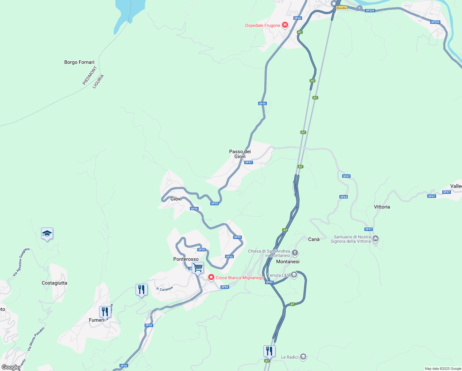 map of restaurants, bars, coffee shops, grocery stores, and more near 24 Via XXV Aprile in Passo dei Giovi