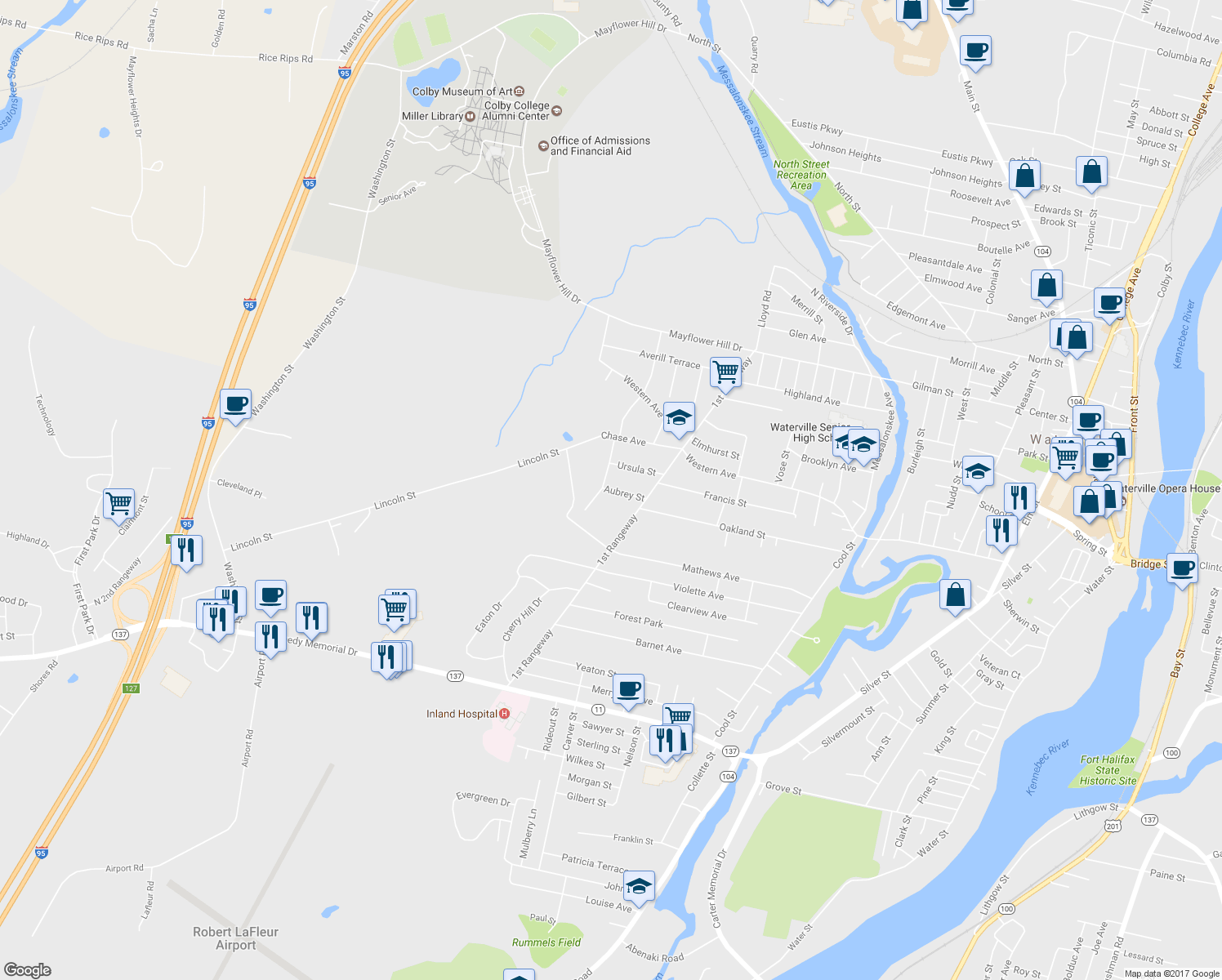 map of restaurants, bars, coffee shops, grocery stores, and more near 4 Aubrey Street in Waterville