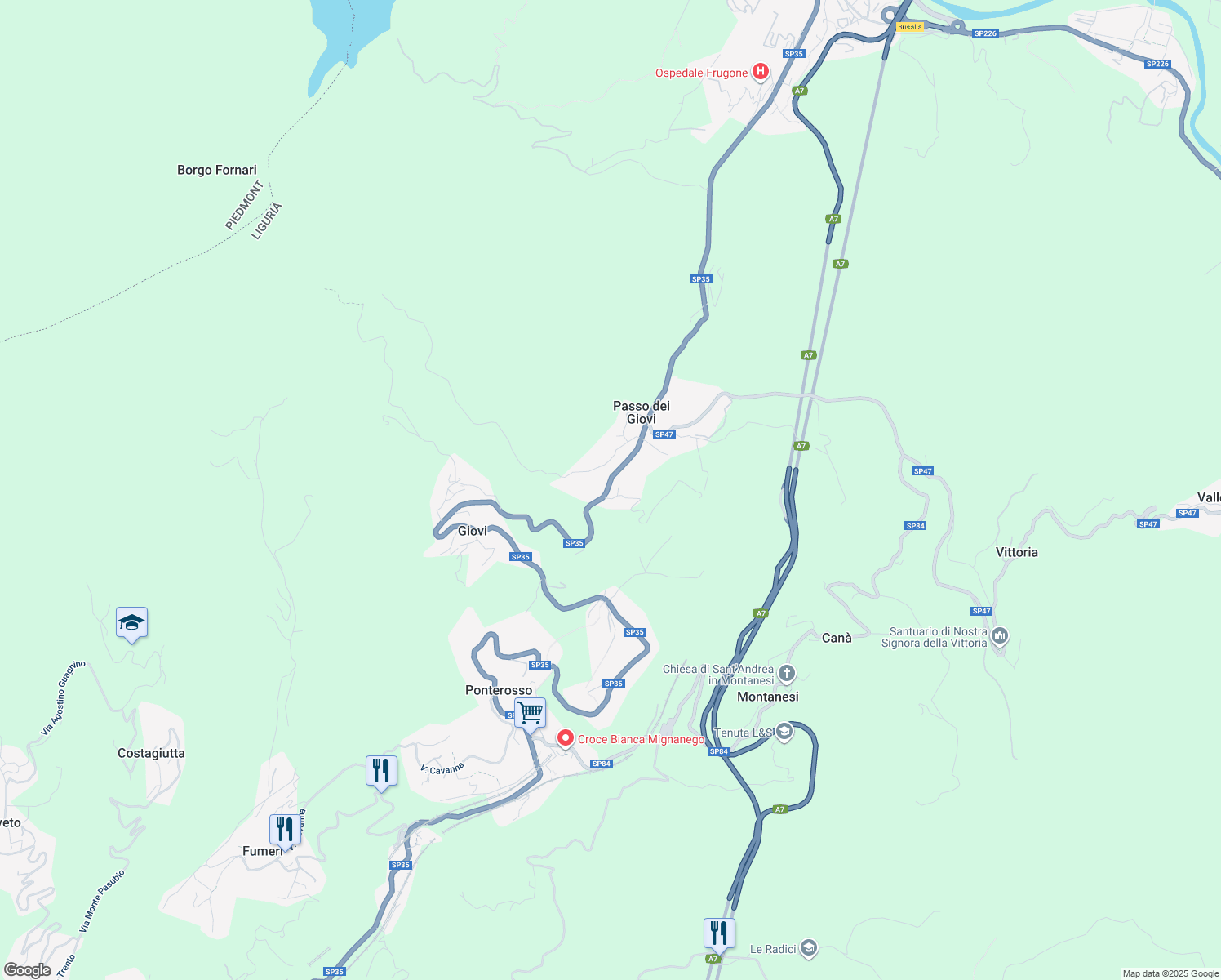 map of restaurants, bars, coffee shops, grocery stores, and more near 24 Via XXV Aprile in Giovi