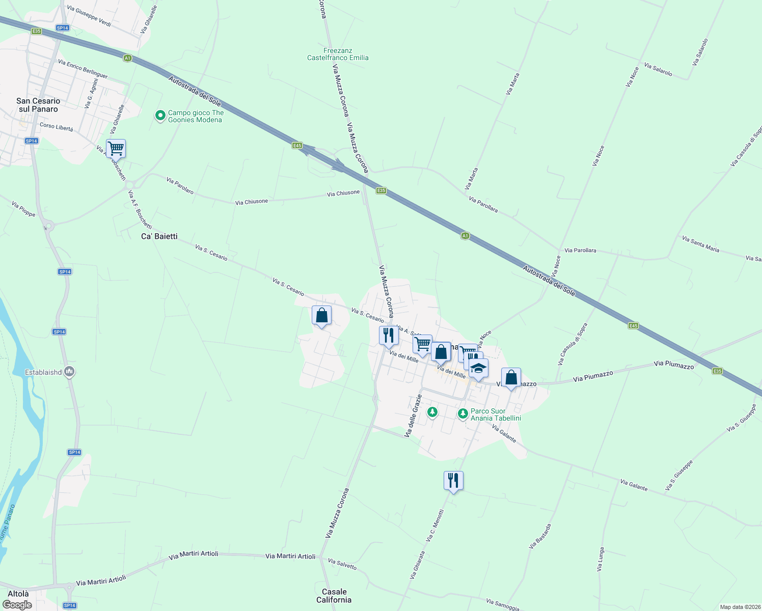 map of restaurants, bars, coffee shops, grocery stores, and more near 23 Via Ruffini in Piumazzo
