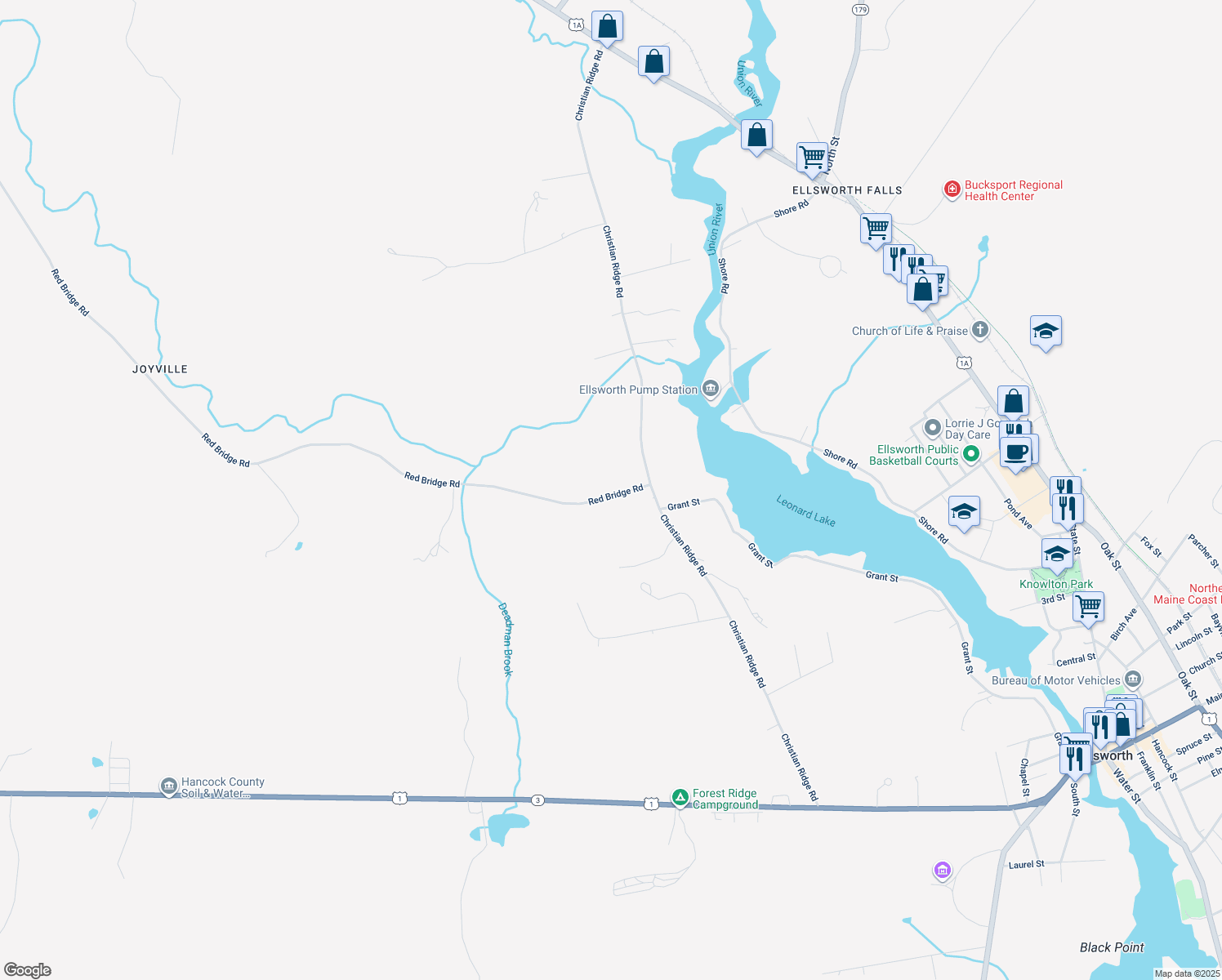 map of restaurants, bars, coffee shops, grocery stores, and more near 19 Red Bridge Rd in Ellsworth